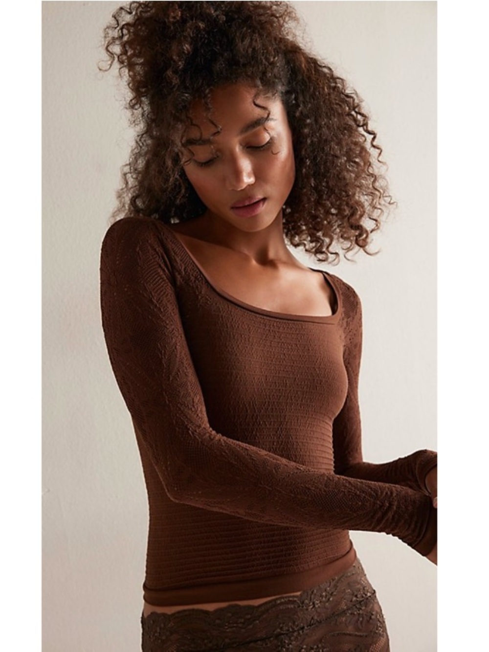 Intimately Free People So Many Likes Seamless Ruched Fitted Shirt Brown Med/Larg
